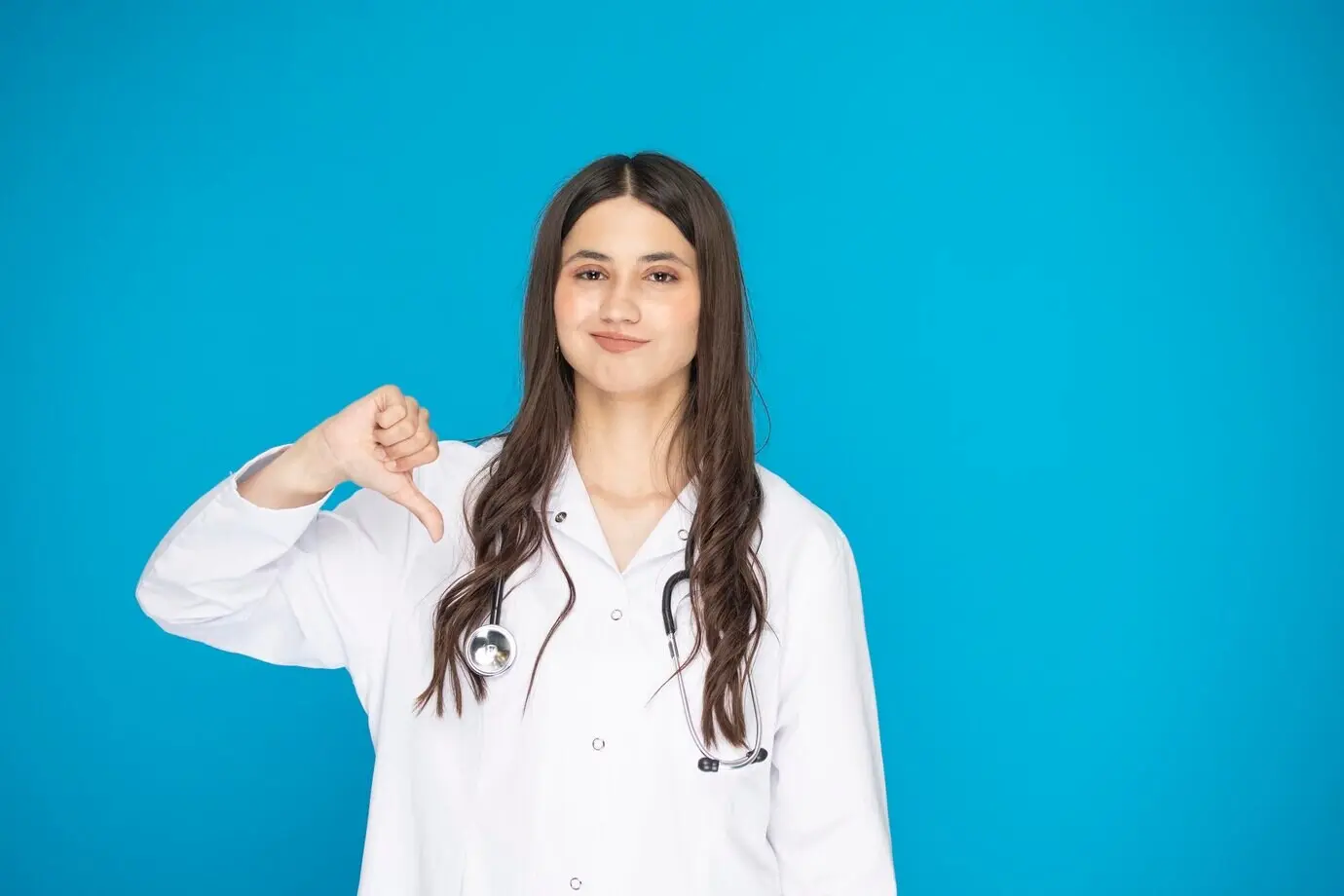 Портрет красивой зрелой женщины-врача в лабораторном халате для съемки для больницы в студии.